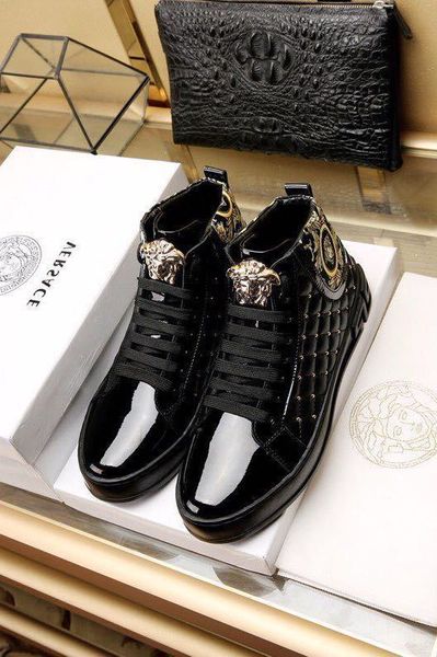 

2019 rivet casual high-shoes 202204 men dress shoes moccasins loafers lace ups monk straps boots drivers real leather sneakers shoes, Black