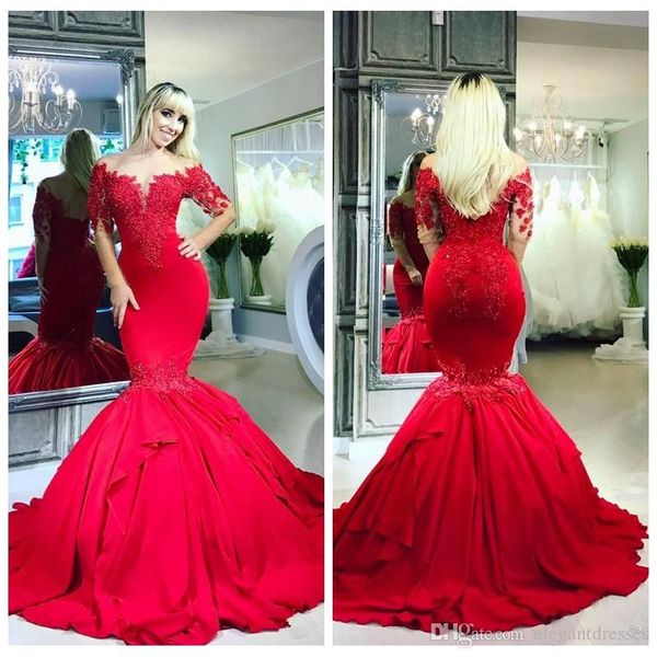 

red mermaid evening dresses lace appliques long illusion sleeves formal evening party gowns beaded special occasion dress robes de soirée, Black;red