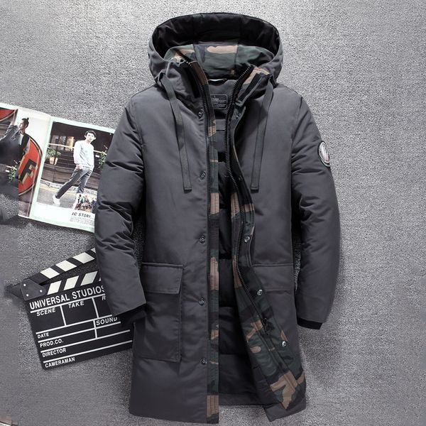 

winter long duck down jacket men camouflage thick men's down jacket warm windbreaker long coat for men, Black