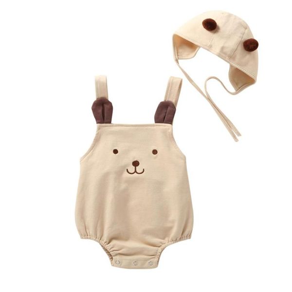 

summer baby boys girls cartoon bear sleeveless strap cotton romper+hat sets, Blue
