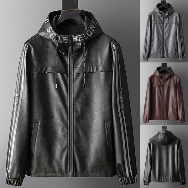 

mens casual jackets coats men's autumn casual fashion patchwork hoodie jackets men leather imitation leather jacket coat jaqueta, Black;brown