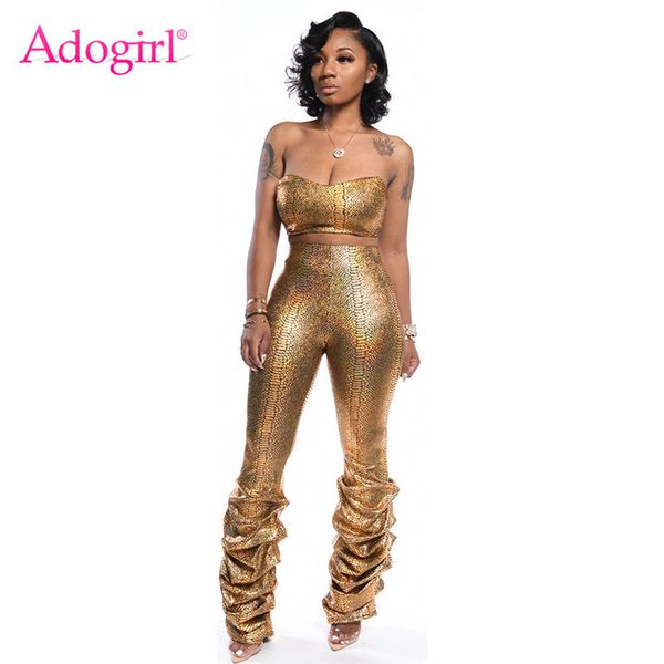 

adogirl gold snakeskin print women two piece set strapless tube ruched skinny pants night club suit party outfits, White