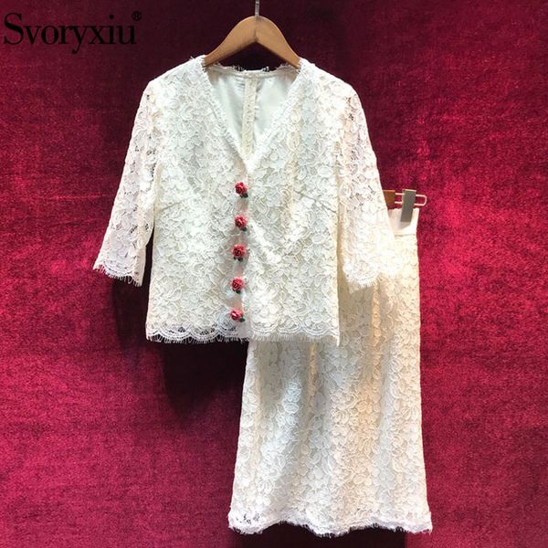 

svoryxiu autumn runway white lace skirt suits women's v neck rose button + package buttocks skirts lace two piece set, Gray