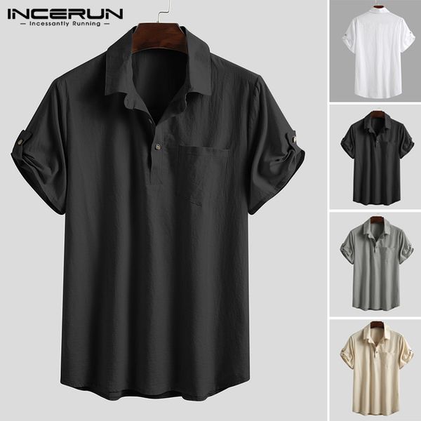 

incerun summer solid color casual shirts men short sleeve breathable cotton loose turn down collar camisa hombre plus size, White;black