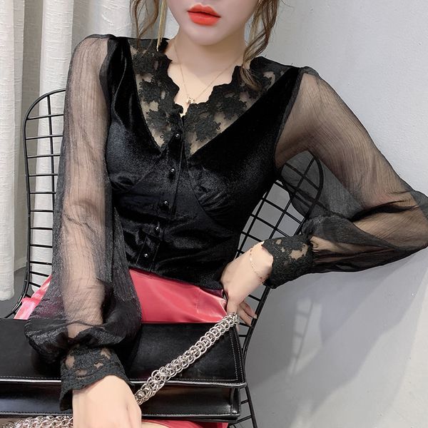 

2020 new spring summer korean clothes patchwork mesh t-shirt women ropa mujer pleuche lantern sleeve shirt tees t02809, White