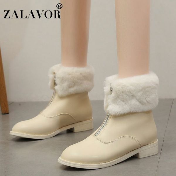 

zalavor ankle boots for women winter plush fur warm snow boots fashion zipper round toe casual party flats footwear size 35-40, Black