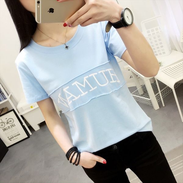 

t-shirt women's t-shirt student outfit short sleeve 2020 round collar stitching letter all-match loose student, White