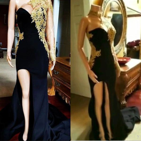 

Sexy Illusion Black Mermaid Prom Dresses Gold Appliques Lace Side Split Party Dresses One Shoulder Formal Evening Dresses