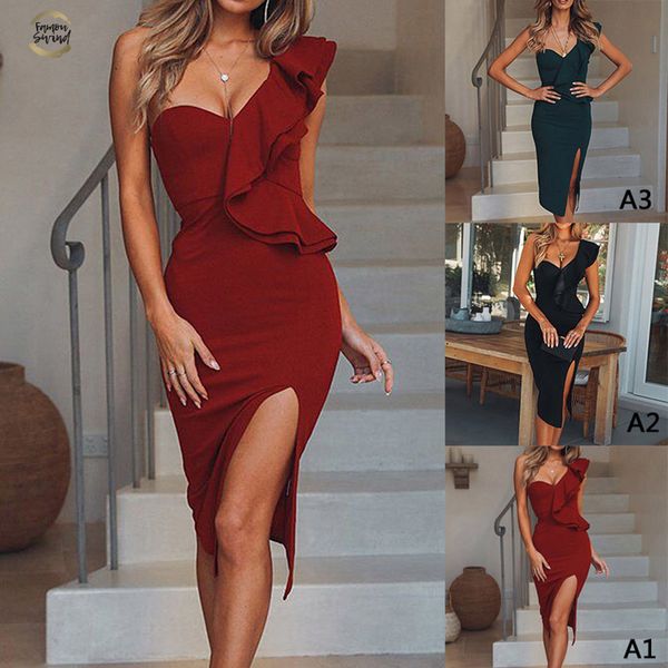 

party dress women one shoulder ruffles sleeveless strapless club dress slim hem split long dress, Black;gray