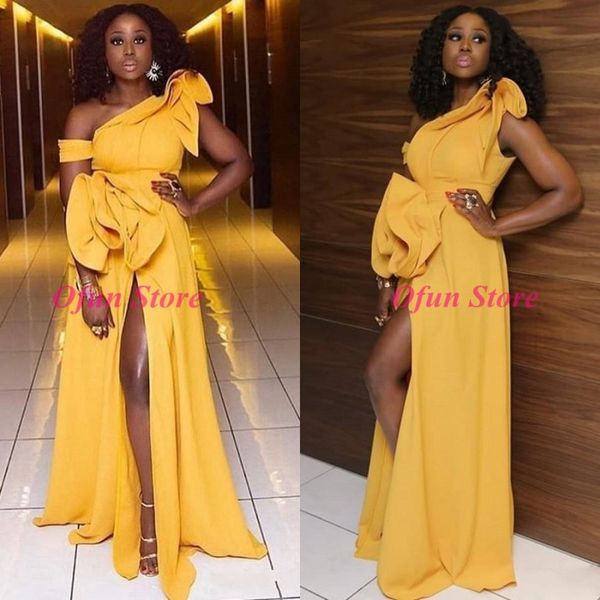 

fashion yellow one shoulder front side evening dresses south african ruffles zipper back floor length a line prom dress, Black;red