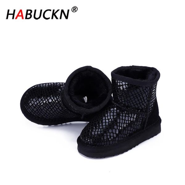 

habuckn 2020 brand boy and girl snow boots 100% genuine cowhide leather ankle boots warm winter children shoes, Black;grey