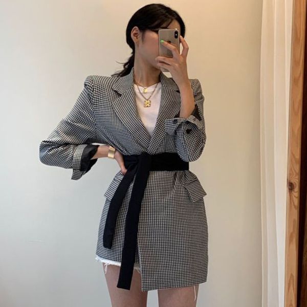 

for 2020 korean vintage full sleeve plaid stitching irregular straps blazer women korea style suit jacket trend coat, White;black