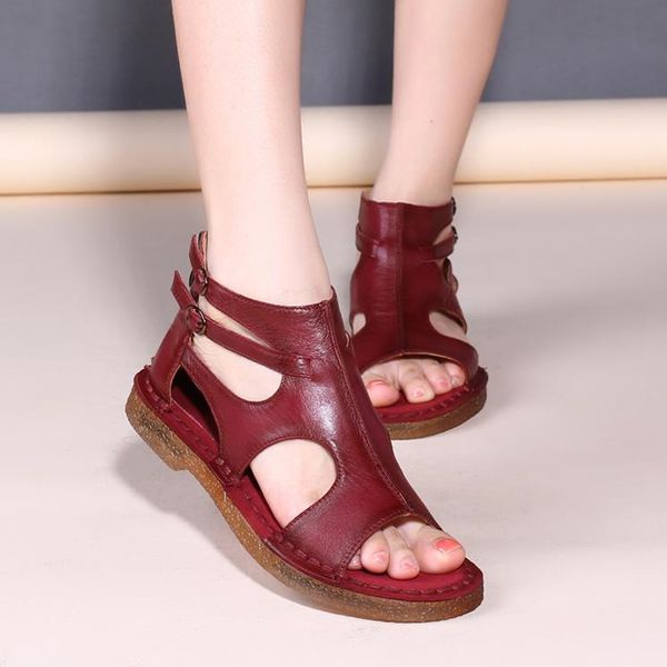 

2019 summer new upgrade genuine leather women sandals folk manual fashion casual comfortable flat gladiator sandal, Black