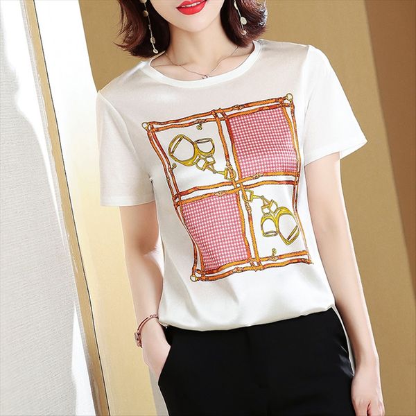 

silk stitching cotton printed solid color t-shirt women's summer 2020 round collar loose mulberry silk short sleeve t-shirt top, White