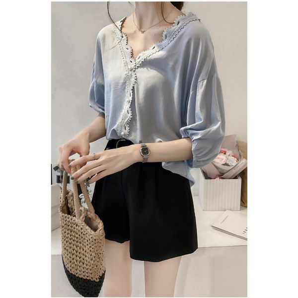 

shuyanly women's lace panel v-neck chiffon shirt short office women's solid lapel shirt, White