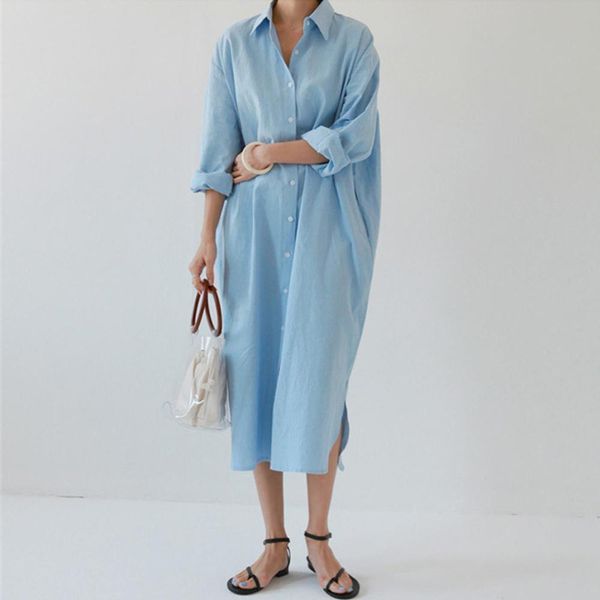 

maxi dresses for women kaftan linen vestidos robe chemise femme women's shirt dress female long sleeve solid sundress, Black;gray