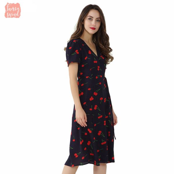 

dress design v neck floral pattern midi wrap cherry dress bow tie cross vintage short sleeve vestido, Black;gray
