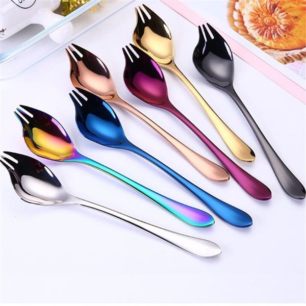 

creative 2 in 1 salad forks spoon 304 stainless steel three tooth multifunction dessert fruit forks kitchen tableware forks