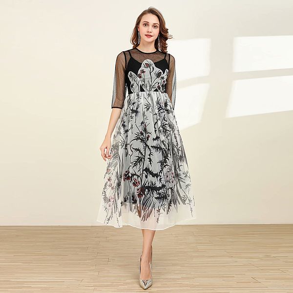 

new women's fashion party casual beach boho vintage elegant chic gentlewoman mesh print stitching black midi dress, Black;gray