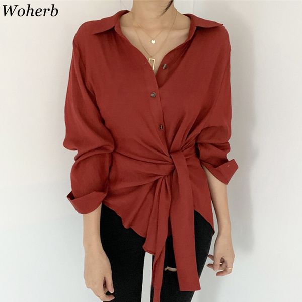 

woherb korean 2020 spring summer women elegant blouse asymmetrical blusas long sleeve bandage solid shirts streetwear, White