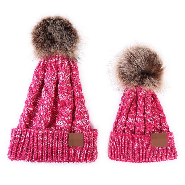 

selling autumn winter parent-child style woolen yarn caps fashion keep warm children's caps hair ball hemp flowers knitted cap, Yellow