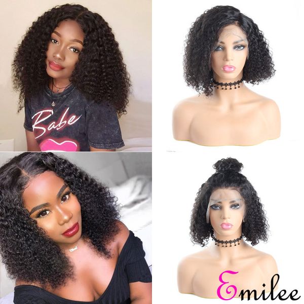 

emilee jerry curly lace front wigs with baby hair brazilian virgin hair short curly bob wigs 12 inch for black women pre plucke, Black;brown