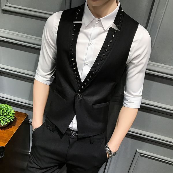 

men's summer new rivet decoration v-neck punk wind slim trend vest a buckle show party nightclub vest, Black;white