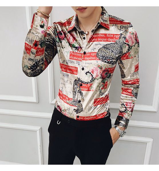 

winter thick shirts mens luxury velvet red leopard printed long sleeve mens shirts plus size 4xl club party dress, White;black
