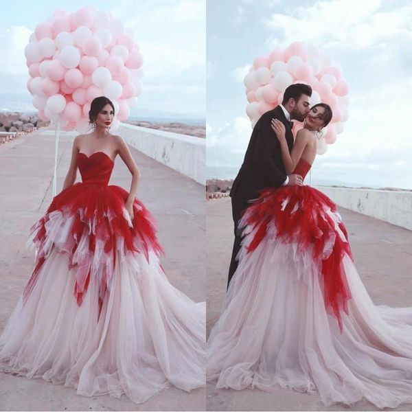 

setwell strapless ball gown country wedding dresses sleeveless tiered red tulle floor length long bridal gowns, White
