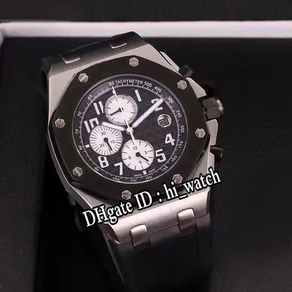 

royal 26470 japan quartz chronograph mens watch steel case black bezel texture dial white subdial black rubber watches for hi_watch h05a1, Slivery;brown