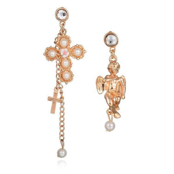 Orecchini pendenti da donna asimmetrici con perla e croce, angelo dorato, esclusivi, fantastici accessori per unghie anallergiche, orecchini a bottone per orecchio da donna