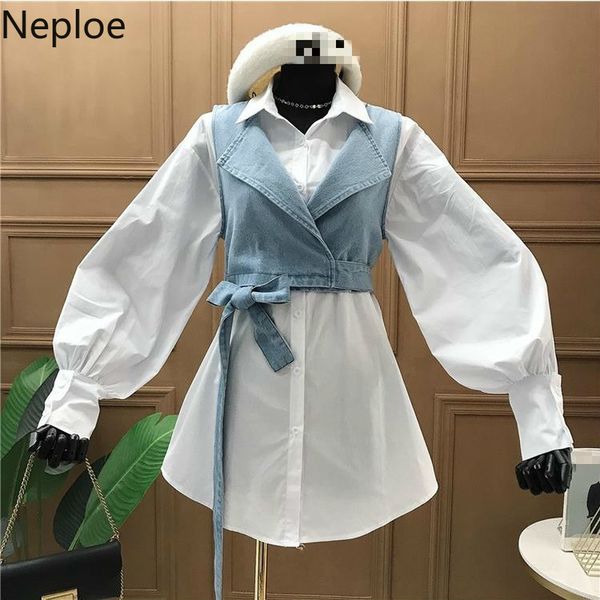 

two piece dress neploe fashion korean women blouse casual loose long sleeve turn down collar solid shirt with jeans vest office lady spring, White