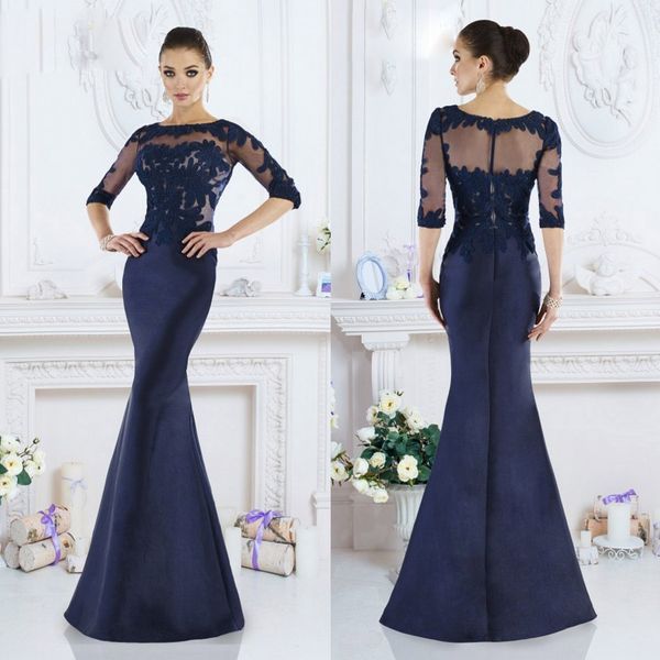 Blu navy janique sirened sibire abiti da sposa abiti gioiello a mezza manica applique abito ospite ospite spazzare abiti da sera in treno