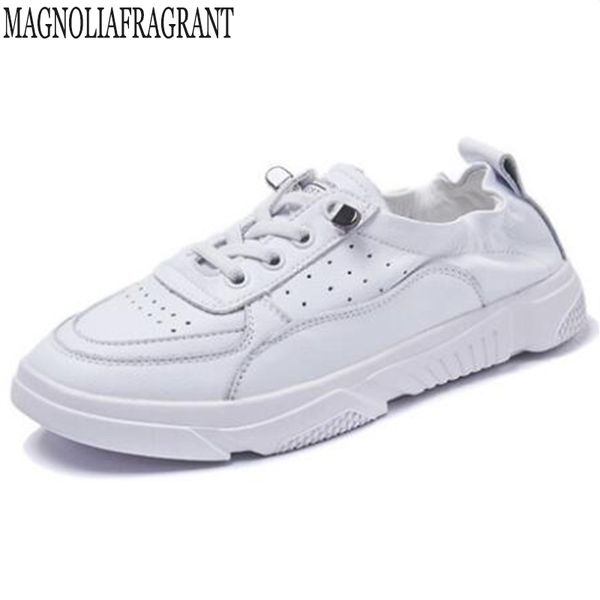 

fashion spring new breathable vulcanized shoes woman genuine leather lace-up white sneakers leisure simple student shoes y993, Black
