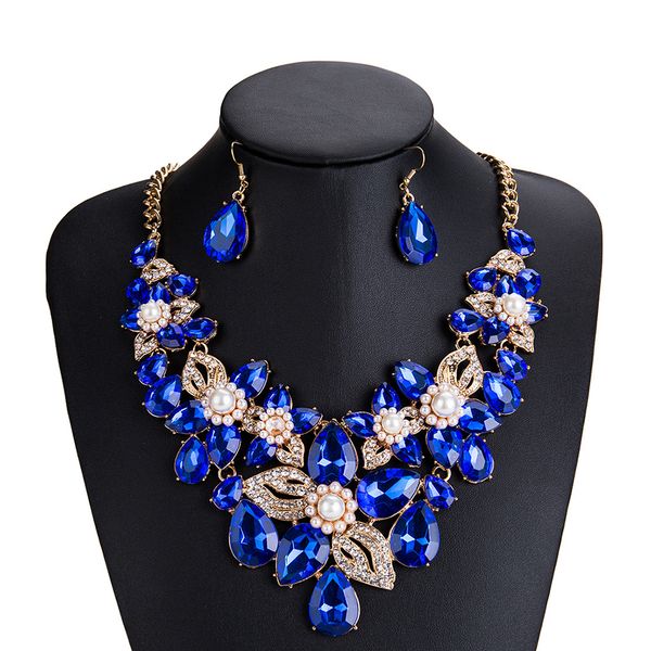 

new 2019 blue crystal jewelry set flower imitation pearl drop necklace earrings set waterdrop wedding accessories gift, Silver