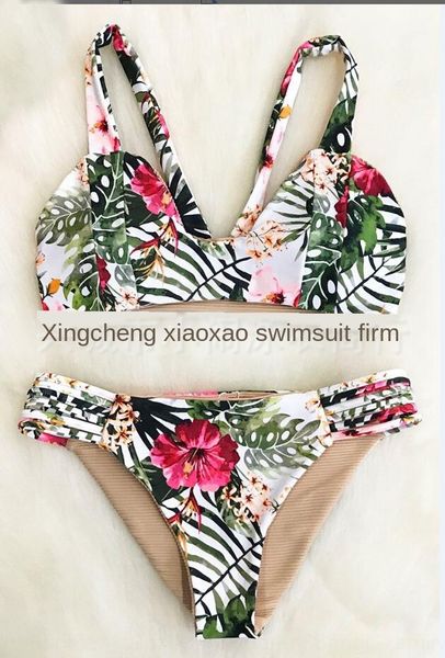 

2019 leaf printing stripe split 2019 leaf printing swimsuit bikini stripe bikini split swimsuit, White;black
