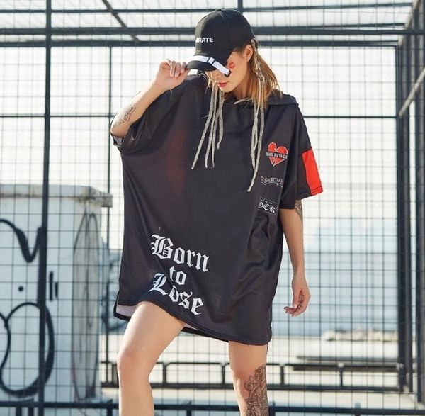 

2019 summer new graffiti printed women t shirts oversize hooded tee shirts punk rock hip hop dance clothes, White