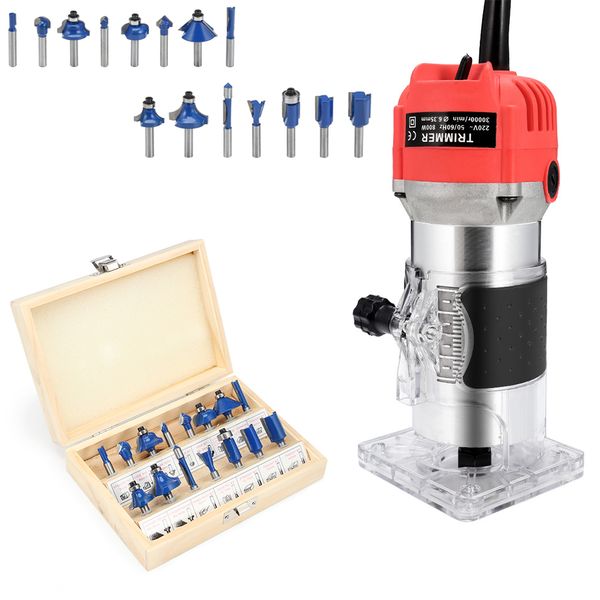 

electric hand wood trimmer wood router 6.35mm collet carving machine +15pcs router bits milling cutter woodworking power tools