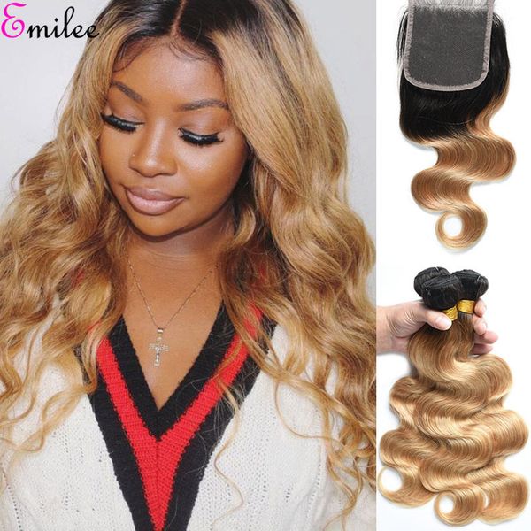 

emilee indian ombre body wave bundles with closure 1b 27 remy human hair 3/4 bundles 1b/27 blonde hair bundles with closure, Black