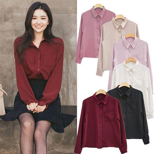 

woman chiffon blouses women shirt long sleeve casual chiffon turn down solid women vogue shirt loose single breasted shirts, White