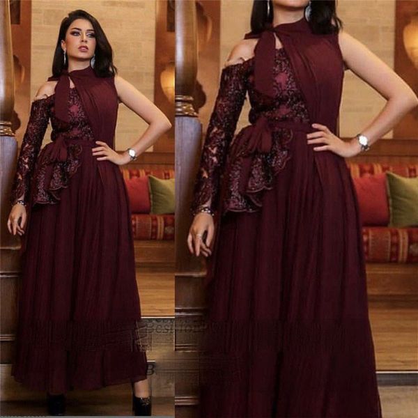 

one shoulder lace long sleeves prom dresses halter chiffon ankle length evening gowns with sash vestido formatura, Black