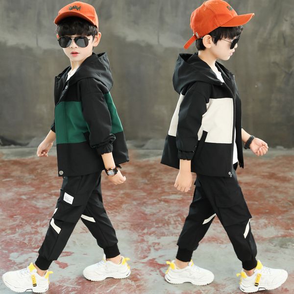 

2 sets children's clothing boy windbreaker spring and autumn suit new jacket sports pants color matching coat trousers two-piece, White
