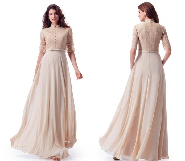 Champagne renda superior chiffon longo modesto vestidos de dama de honra com gola alta mangas transparentes a linha vintage formal vestidos de festa de casamento hy4265