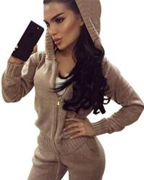 

2 sets o -neck hoodied sweater sportswear casual with ruffled cuff pocket and zipper knittedwear knitting tracksuits female kawaii, Gray