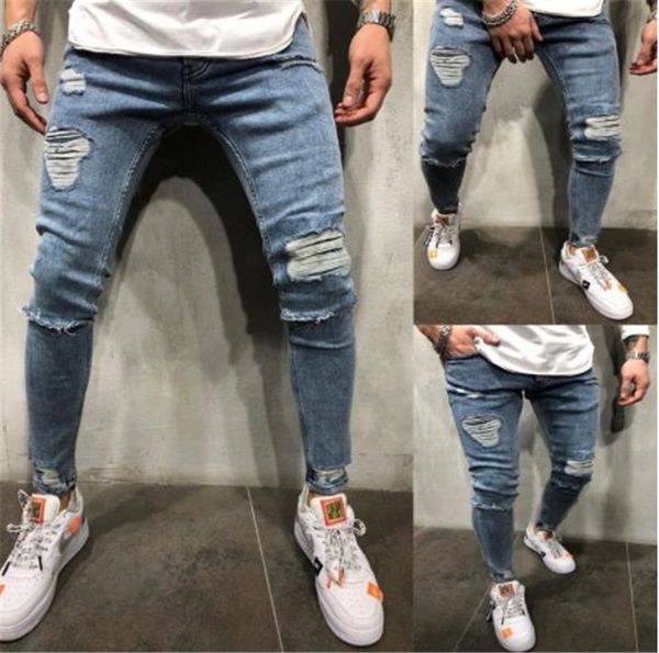 

мужские дизайнерские джинсы карандаш плюс размер колена джинсы отверстия дизайнерские панталоны уличный стиль скейтборд карандаш брюки, Blue