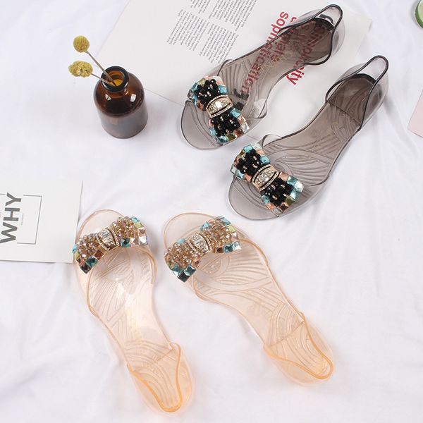 

autumn new shoes fashion comfortable transparent bow beaded casual sandals non-slip wear-resistant flat shoes, Black