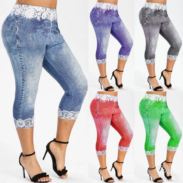 

wepbel women leggings pants trousers lace floral flower high waist new elastic fashion casual calf length, Blue