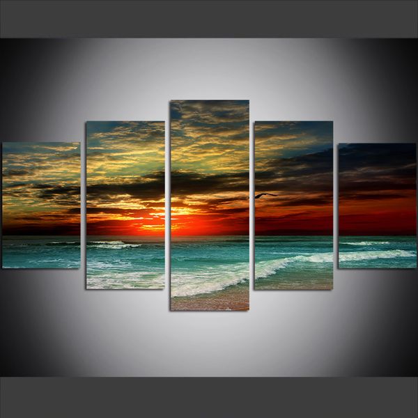 

5 piece large size canvas wall art pictures creative sunset beach sea poster art print oil painting for living room