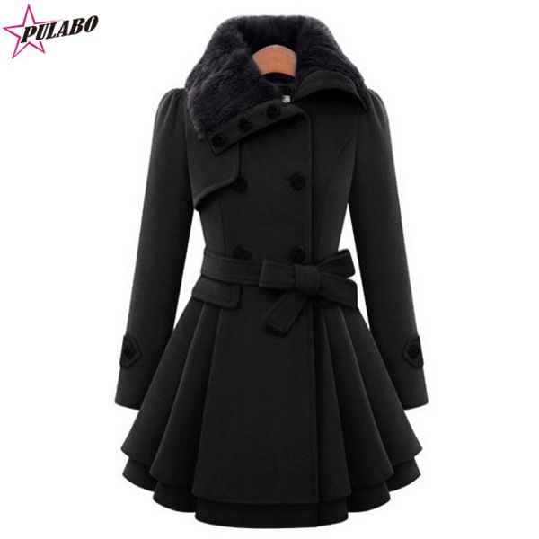

pulabo women oversized swing double breasted pea coat buttons wool mid-long trench coat with belt winter women jackets, Black
