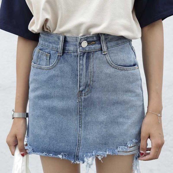 

summer 2020 new broken holes with irregular high waist bf stylethin a-line women's denim mini short skirt jeans female, Black
